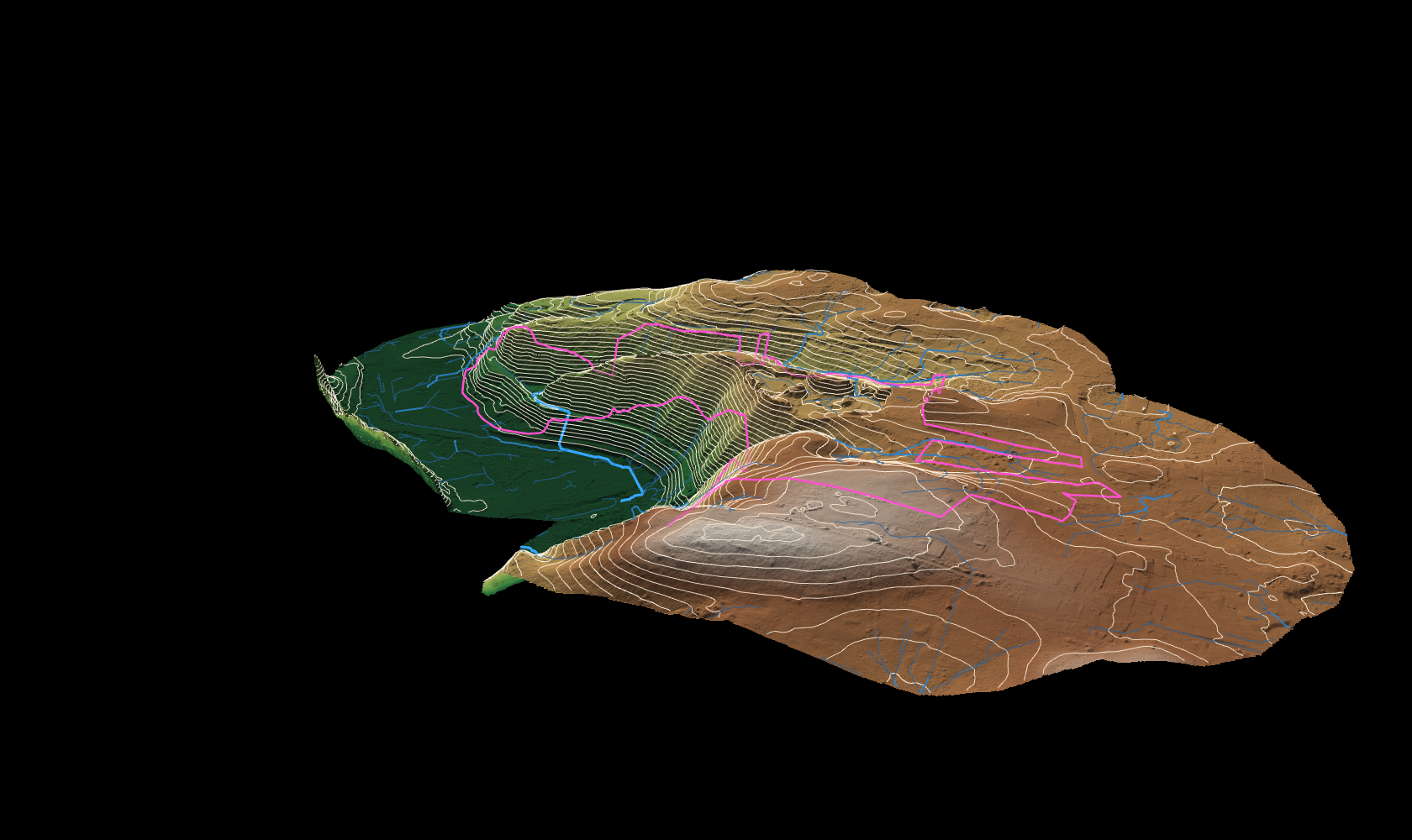 Modelo 3D interactivo mostrando relieve sombreado, curvas de nivel, una red de drenaje y el límite de una parcela sobre una propiedad montañosa.